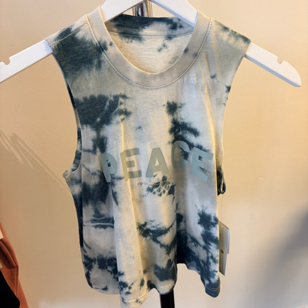 NWT Spiritual Gangster Muscle Tank with "Peace" graphic, Green tie-dye